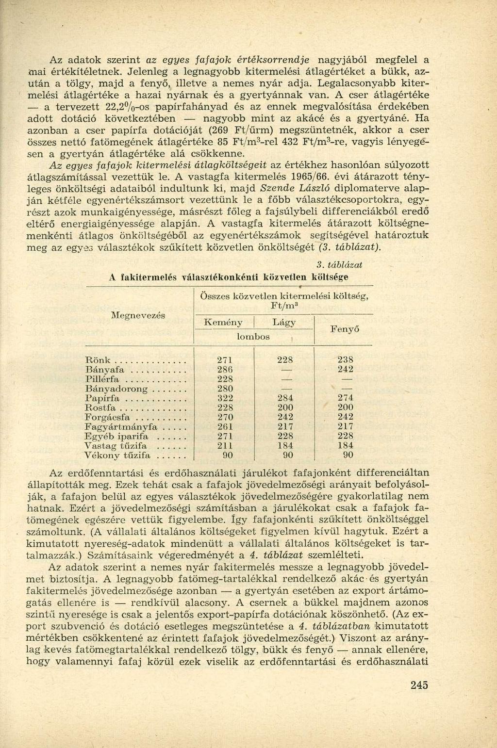 Az adatok szerint az egyes fafajok értéksorrendje nagyjából megfelel a mai értékítéletnek.