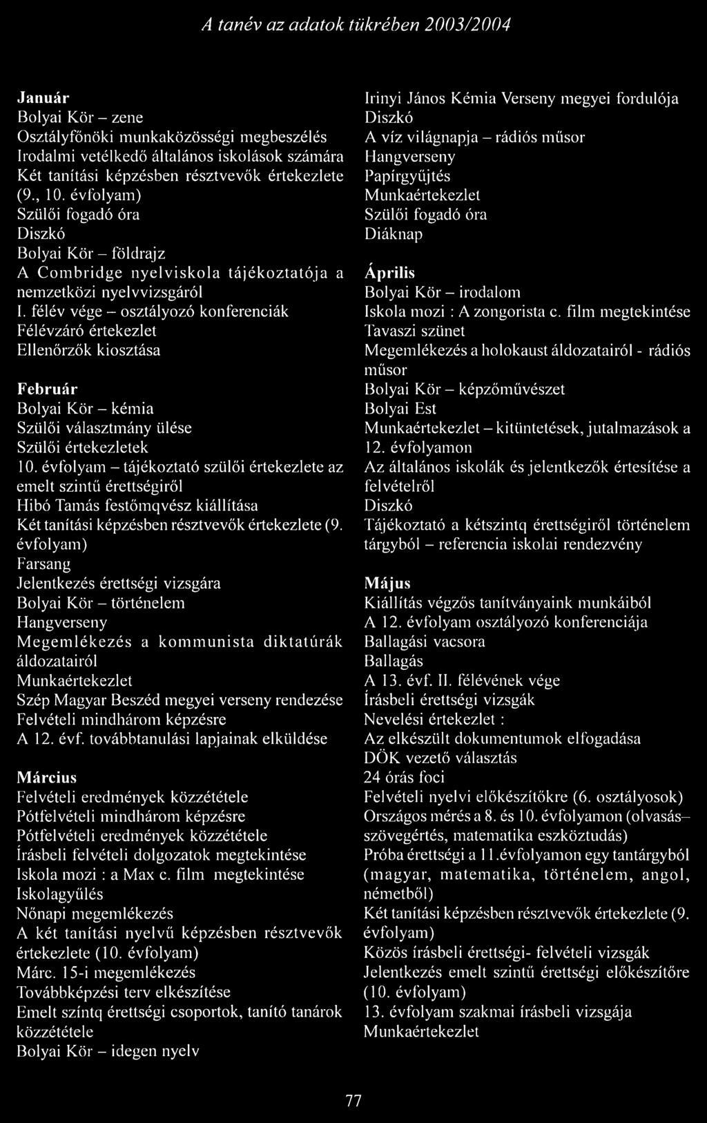 félév vége - osztályozó konferenciák Félévzáró értekezlet Ellenőrzők kiosztása Február Bolyai Kör - kémia Szülői választmány ülése Szülői értekezletek 10.