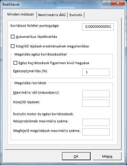 Termékgyártási példafeladat Megoldás Excelben (folyt.) A Solver egyéb beállításai (folyt.
