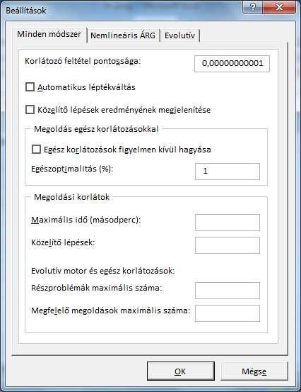 Termékgyártási példafeladat Megoldás Excelben (folyt.) A Solver egyéb beállításai (folyt.