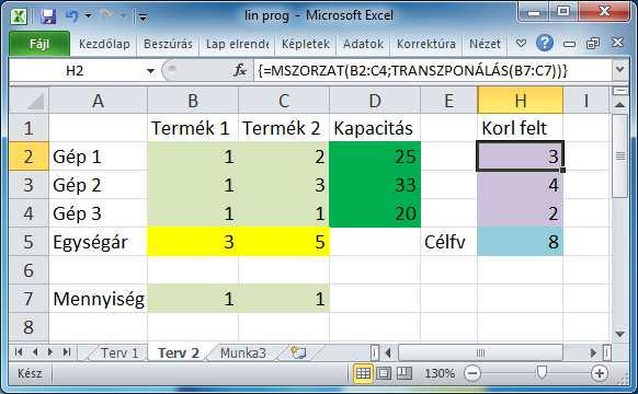 Termékgyártási példafeladat Megoldás Excelben (folyt.) Kis módosítás a 2. tervhez képest (3.