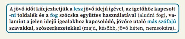 A jövő idő esetében két bekeretezett részt találunk. Az egyiket már láttuk (mit fejez ki a jövő idejű ige), a másik a következő, a 3. feladat után található: 5. ábra 3. feladat a 90.