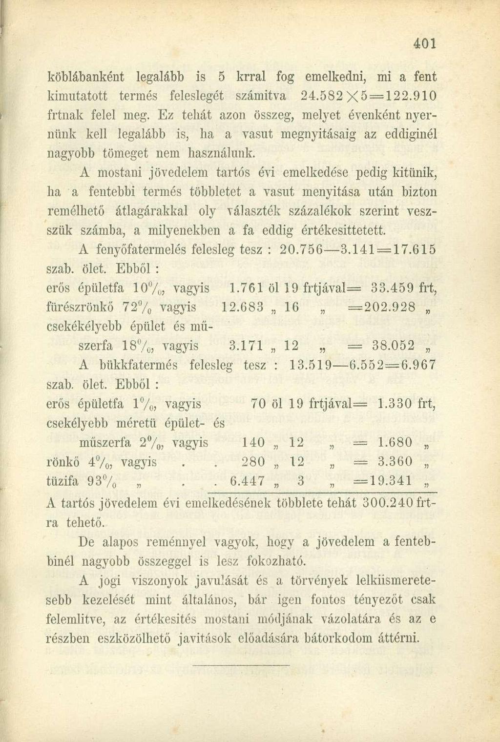 köblábanként legalább is 5 krral fog emelkedni, mi a fent kimutatott termés feleslegét számítva 24.582X5 = 122.910 írtnak felel meg.