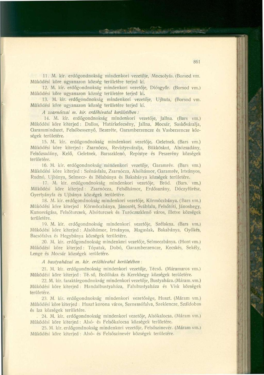 861 11. M. kir. erdőgondnokság mindenkori vezetője, Mocsolyás. (Borsod vm. Működési köre ugyanazon község területére terjed ki. 12. M. kir. erdőgondnokság mindenkori vezetője, Diósgyőr. (Borsod vm.) Működési köre ugyanazon község területére terjed ki.