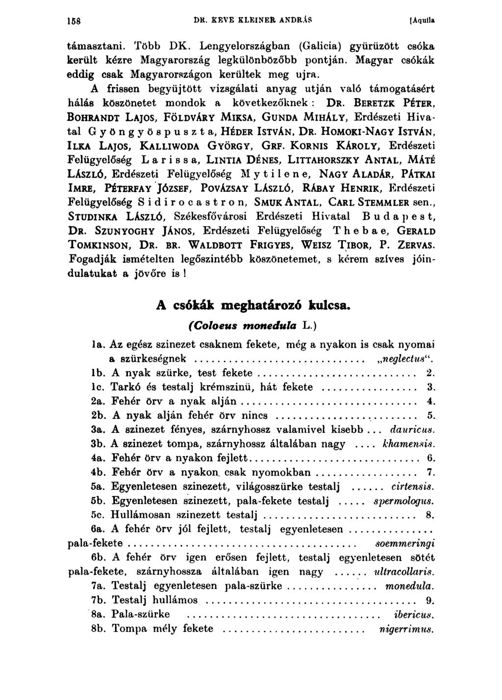 158 DR. KEVE KLEINER ANDRÁS [Aquila támasztani. Több DK. Lengyelországban (Galícia) gyűrűzött csóka került kézre Magyarország legkülönbözőbb pontján.