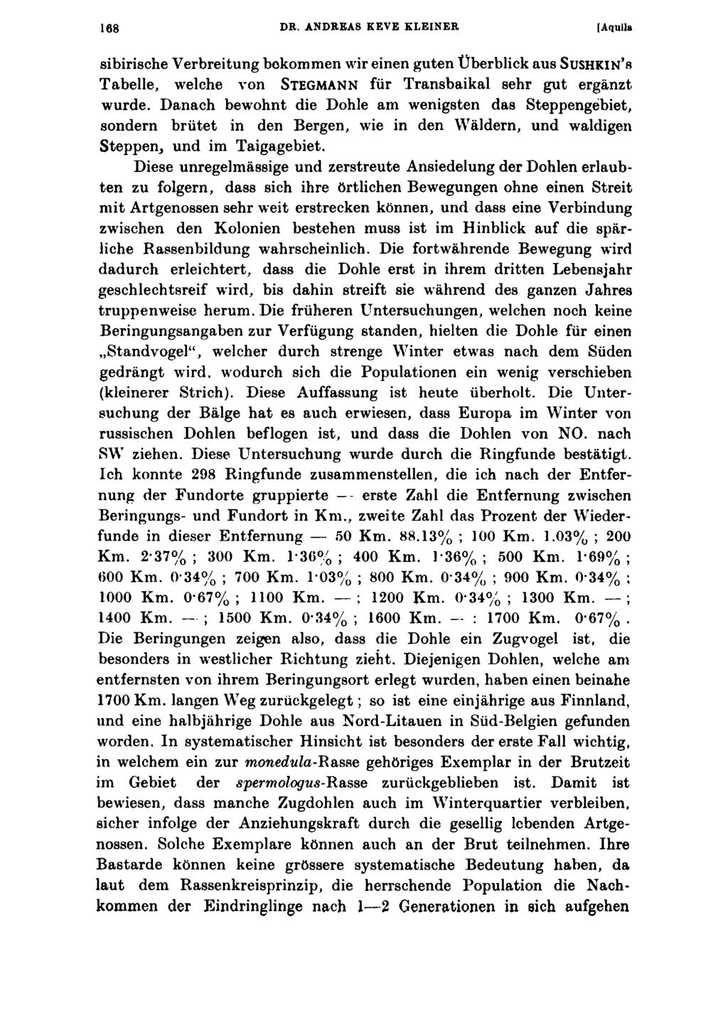 168 DR. ANDREAS KEVE KLEINER [Aquila sibirische Verbreitung bokommen wir einen guten Überblick aus Sushkin s Tabelle, welche von STEGMANN für Transbaikal sehr gut ergänzt wurde.