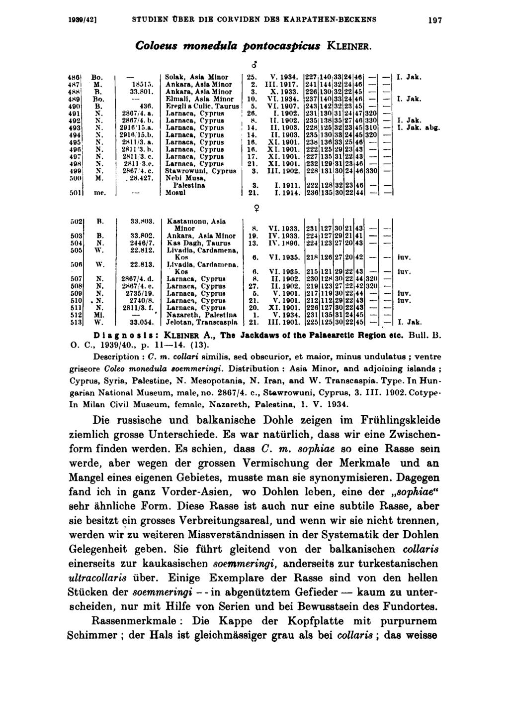 1090/42] STUDIEN ÜBER DIE CORVIDEN DES KARPATHEN-BECKENS 197 Coloeus monedula pontocaspicus K le in e r. <f 486 Bo. Solak, Asia Minor 25. V. 1934. 227 140 33 24 46 I. Jak. 487 M. 18515.