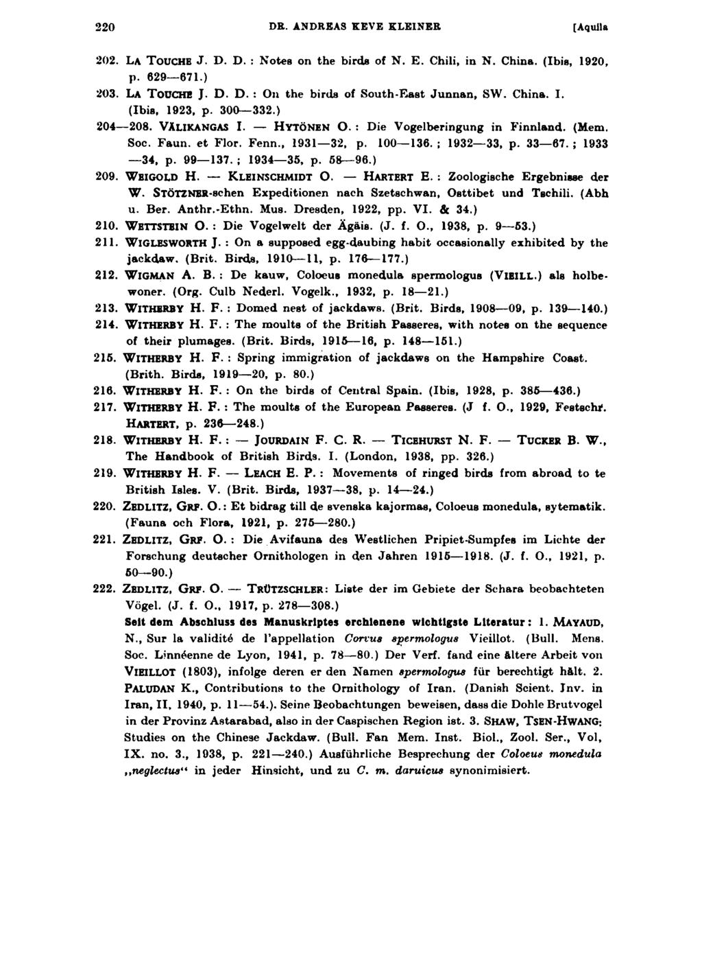 220 DR. ANDREAS KEVE KLEINER [Aquila 202. La T o u ch e J. D. D. : Notes on the birds of N. E. Chili, in N. China. (Ibis, 1920, p. 629 671.) 203. La TOUCHE J. D. D. : Oll the birds of South-East Junnan, SW.