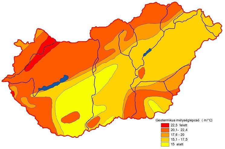 4.2. ábra: Hazánk geotermikus mélységlépcső (geotermikus gradiens reciproka) viszonyai (saját szerkesztés, módosítva tudasbazis.sulinet.hu nyomán) A Kárpát-medence kéregszerkezete igen bonyolult.