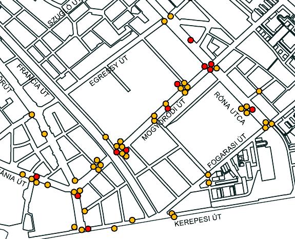 1. ábra: Képkivágat Zugló kerékpáros érintettségű baleseteit (2012-2016) bemutató térképről