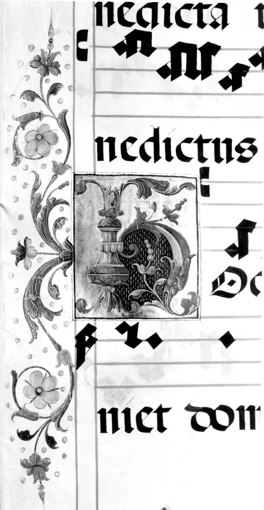 396 15. kép. Iniciálé és lapszéldísz a Bakócz-graduáléban, 1510-es évek. Esztergom, Főszékesegyházi Könyvtár, MS I. 1a., fol. 7r. ció és színváltás jellemzi.