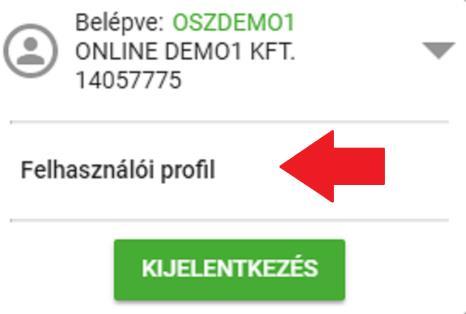 11.4 Felhasználói profil Ábra: Felhasználói profil gomb A "Belépve" ikonra kattintva a felugró ablakban elérhetővé válik a Felhasználói profil, a feliratra kattintva elérhetővé válik a Felhasználói