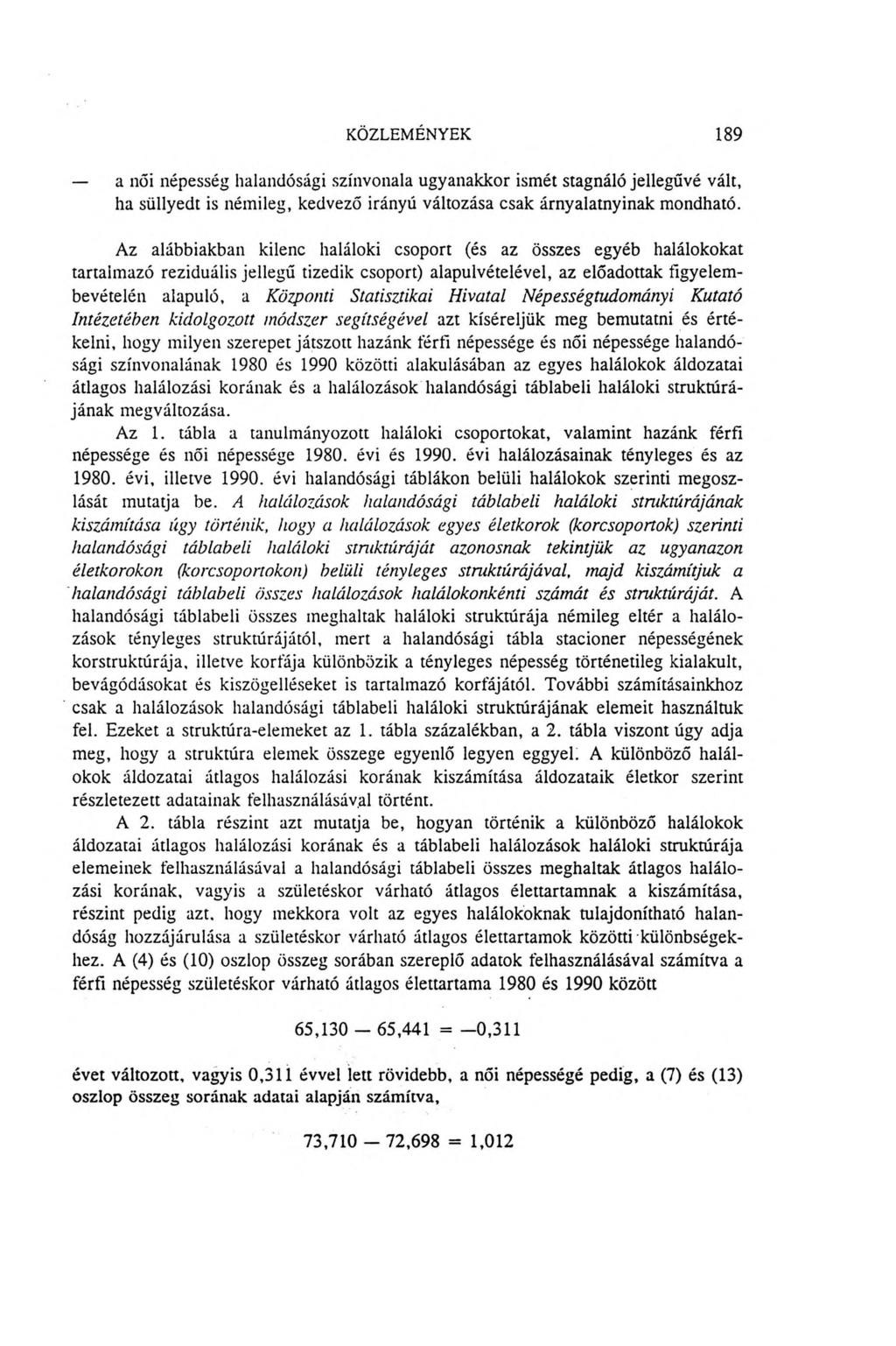 KÖZLEMÉNYEK 189 a női népesség halandósági színvonala ugyanakkor ismét stagnáló jellegűvé vált, ha süllyedt is némileg, kedvező irányú változása csak árnyalatnyinak mondható.