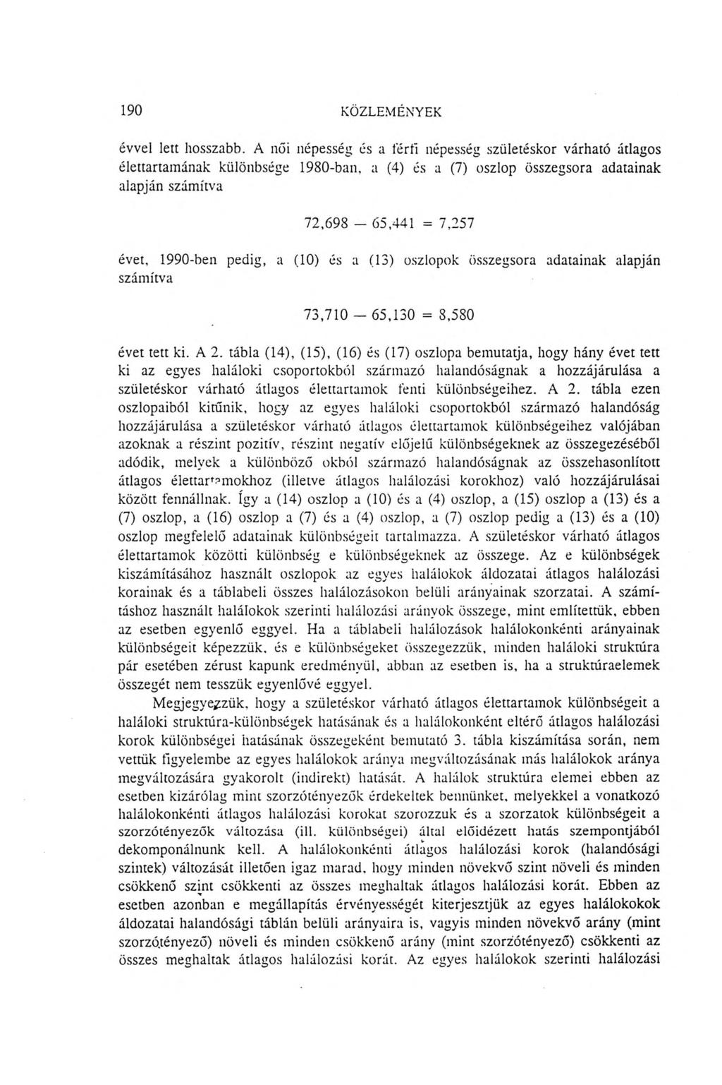 190 KÖZLEMÉNYEK évvel lett hosszabb. A női népesség és a férfi népesség születéskor várható átlagos élettartamának különbsége 1980-ban.