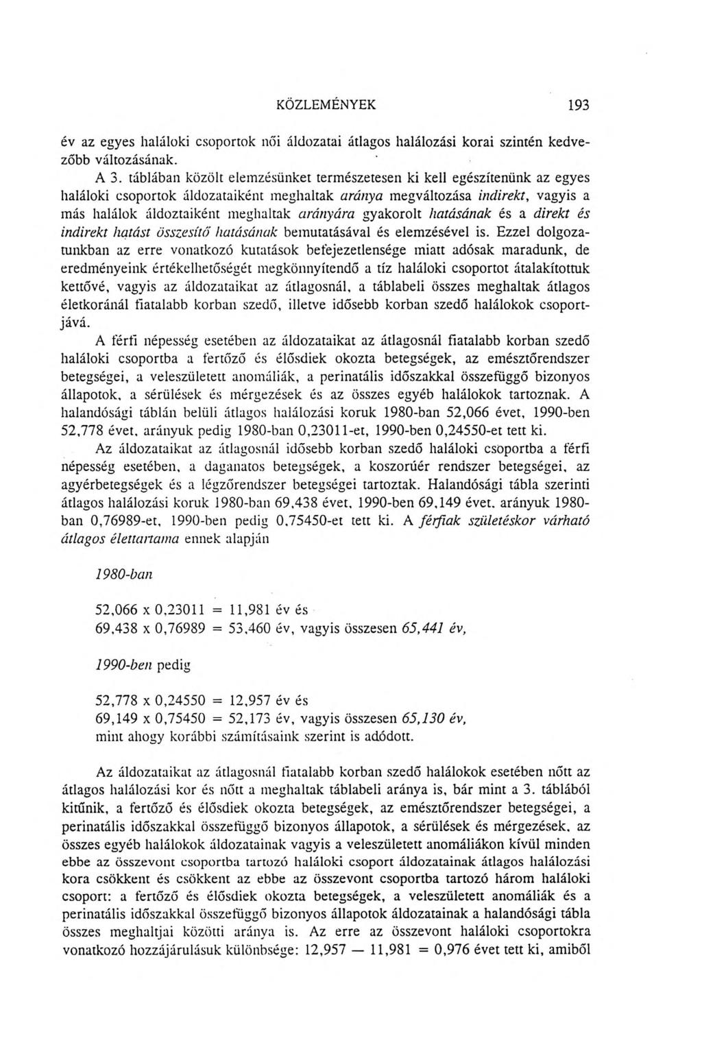 KÖZLEMÉNYEK 193 év az egyes haláloki csoportok női áldozatai átlagos halálozási korai szintén kedvezőbb változásának. A 3.