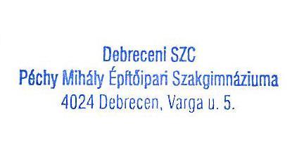 e) érkeztető bélyegző (a bélyegző lenyomata) Használata: a tagintézménybe érkező hivatalos leveleken.