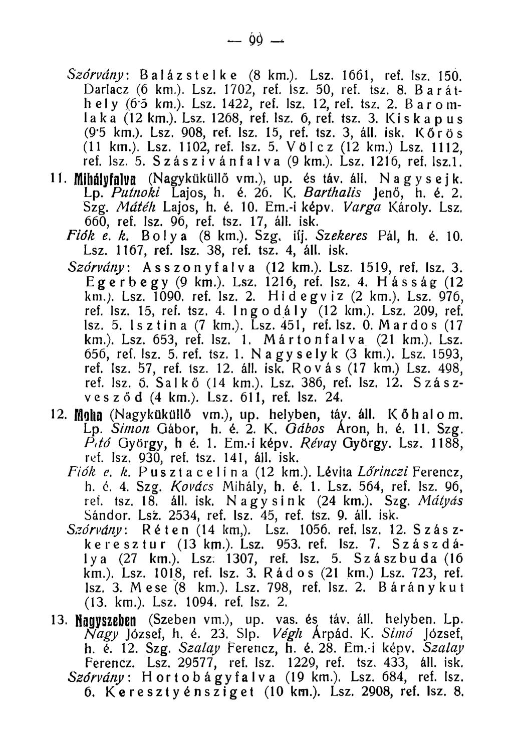 90 Szórvány. Balázstelke (8 km.). Lsz. 1661, ref. lsz. 150. Darlacz (6 km.). Lsz. 1702, ref. lsz. 50, ref. tsz. 8. Baráthely (6'5 km.). Lsz. 1422, ref. lsz. 12, ref. tsz. 2. Baromlaka (12 km.). Lsz. 1268, ref.