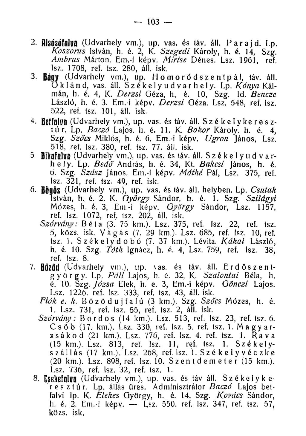 103 2. fllsósófillua (Udvarhely vm.), up. vas. és táv. áll. Parajd. Lp. Koszorús István, h. é. 2, K. Szegedi Károly, h. é. 14, Szg. Ambrus Márton. Em.-i képv. Mirtse Dénes, Lsz, 1961, ref. lsz.