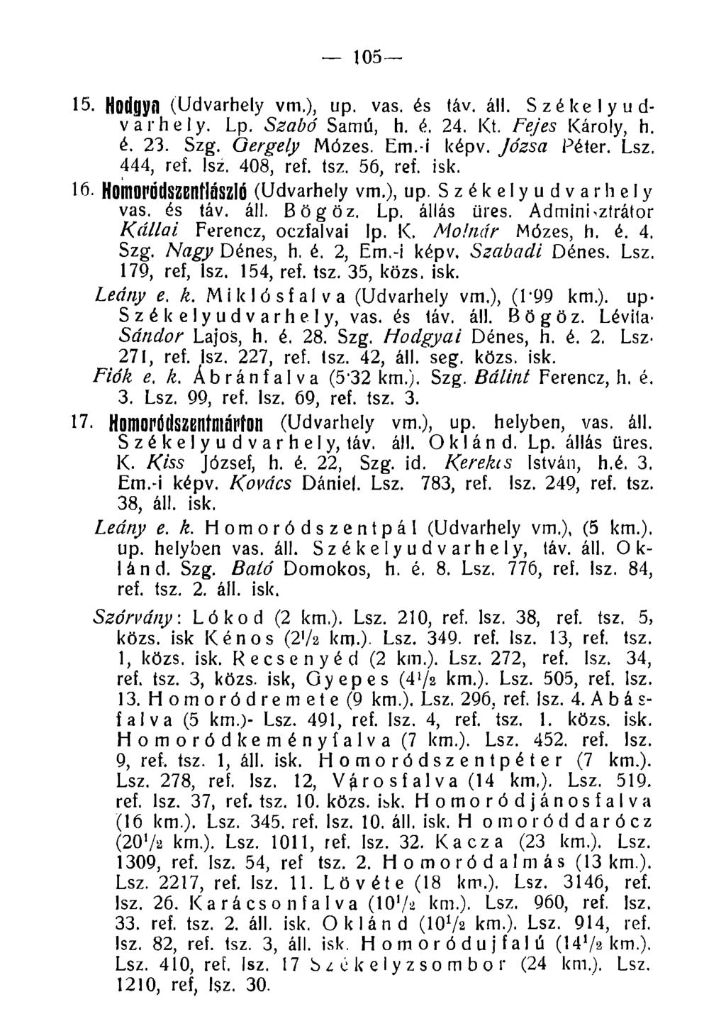 105 15. Hodgyn (Udvarhely vm,), up. vas. és táv. áll. Székely udvarhely. Lp. Szabó Samú, h. é. 24. Kt. Fejes Károly, h. é. 23. Szg. Gergely Mózes. Em.-i képv. Józsa Péter. Lsz. 444, ref. lsz.