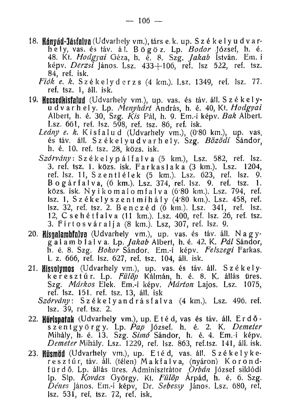 106 18. RánpátMásfalua (Udvarhely vm.), társ e. k, up. Székely udvarhely, vas, és táv, ál. Bögöz. Lp, Bodor József, h. é. 48. Kf. Hp ágyai Géza, h. é. 8. Szg. Jakab István. Em. i képv. Derzsi János.