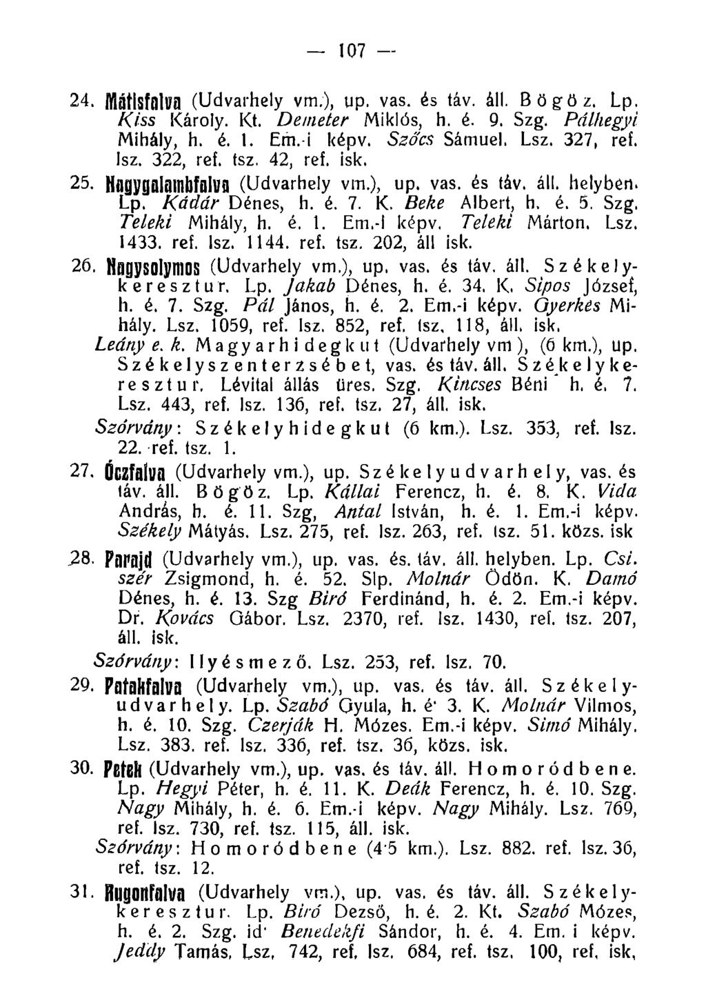 107 24. M átisfíllua (Udvarhely vm,), up. vas. és táv. áll. Bögöz. Lp. tkiss Károly. Kt. Demeter Miklós, h. é. 9. Szg. Pálhegyi Mihály, h. é. 1. Em.-i képv. Szó'cs Sámuel. Lsz. 327, ref. Isz.