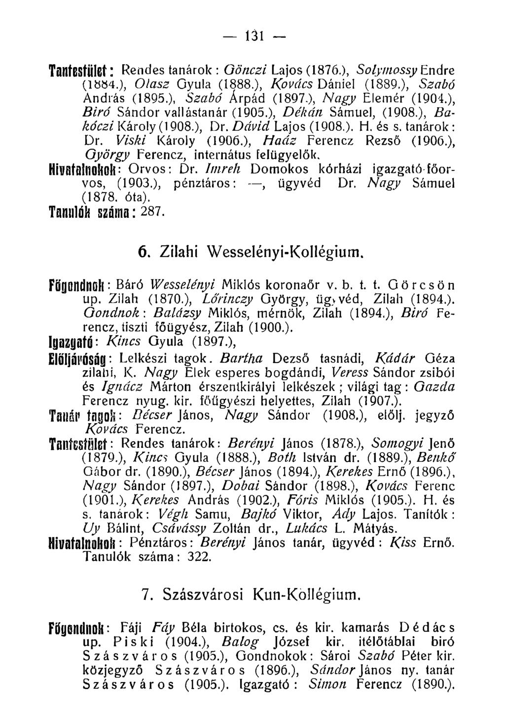 131 - T an testü let: Rendes tanárok : Gönczi Lajos (1876.), Solymossy Endre (1884.), Olasz Gyula (1888.), Kovács Dániel (1889.), Szabó András (1895.), Szabó Árpád (1897.), Nagy Elemér (1904.