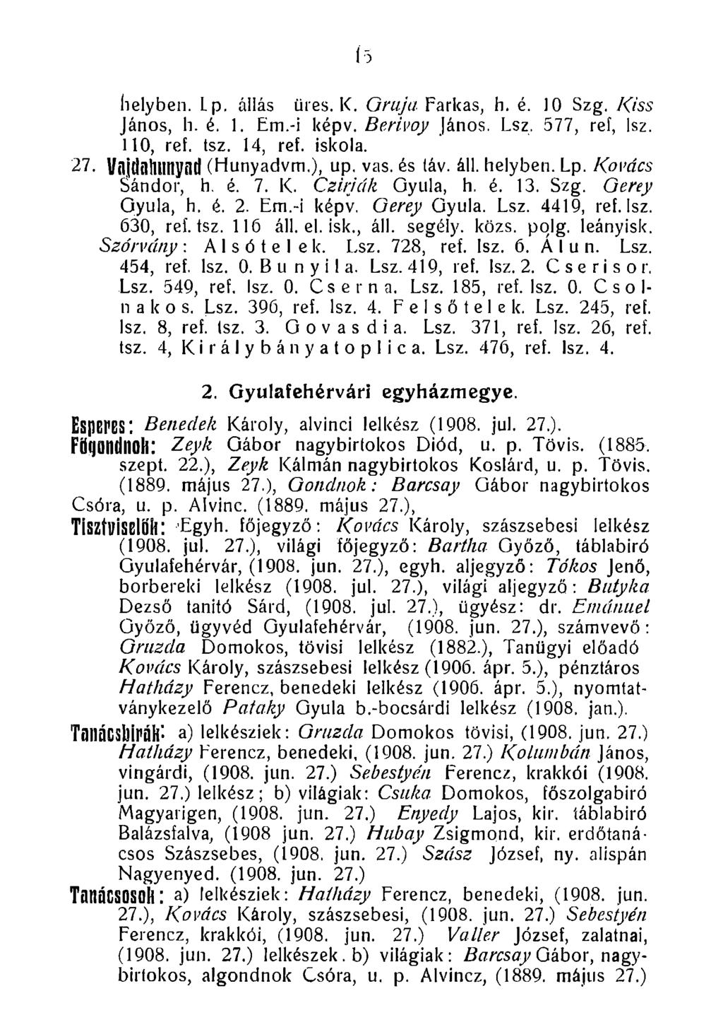 helyben. Lp. állás üres. K. Ontja Farkas, h. é. 10 Szg. Kiss János, h. é. 1. Em.-i képv. Berivoy János. Lsz, 577, ref, lsz. 110, ref. tsz. 14, ref. iskola. 27. Vnjdoillinynd (Hunyadvm.), up. vas.