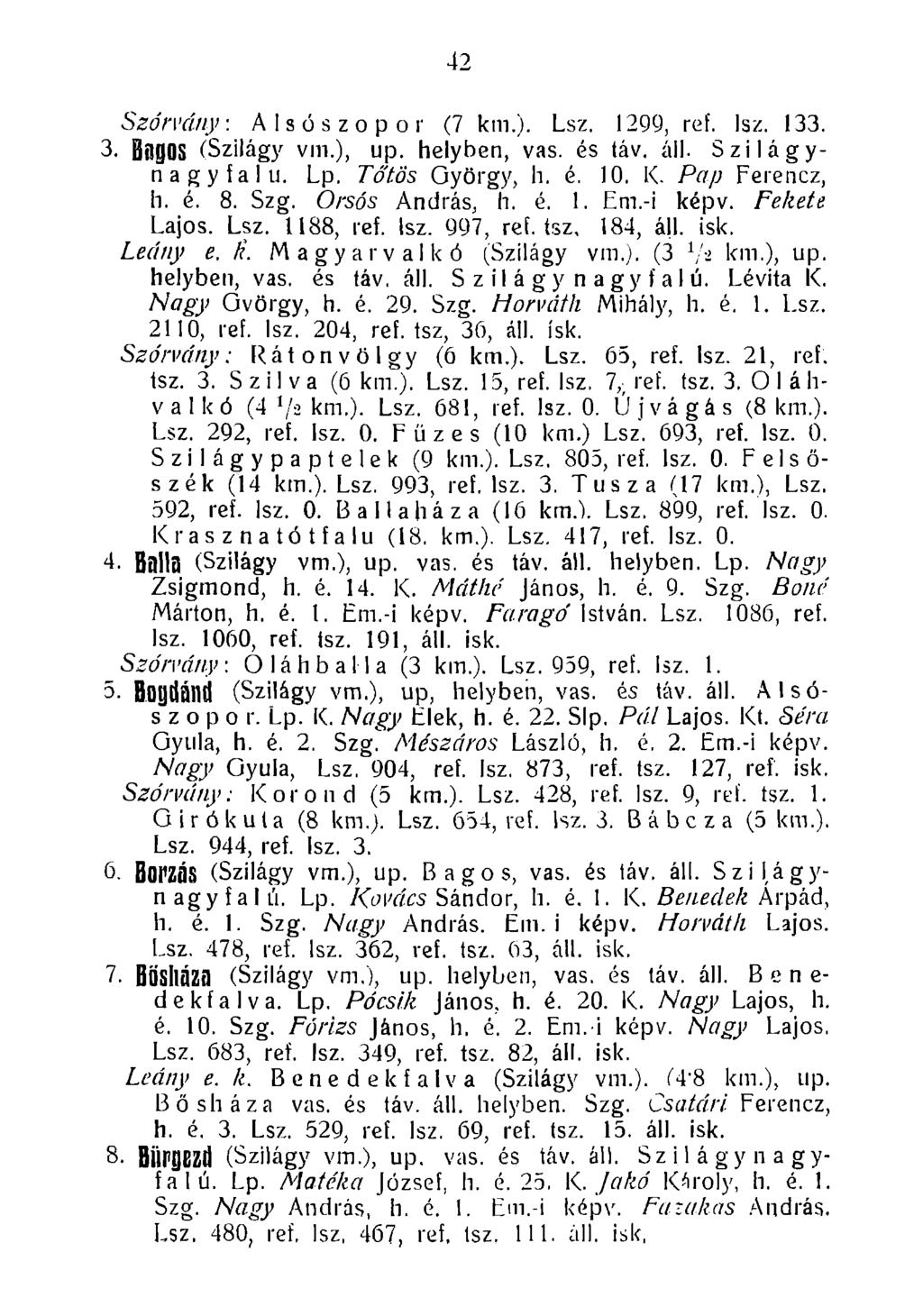42 Szórvány. Alsószopor (7 km.). Lsz. 1299, ref. lsz. 133. 3. BogOS (Szilágy vm.), up. helyben, vas. és táv. áll. Szilágyn agy falu. Lp. Tó'tös György, h. é. 10. K. Pap Ferencz, h. é. 8. Szg.
