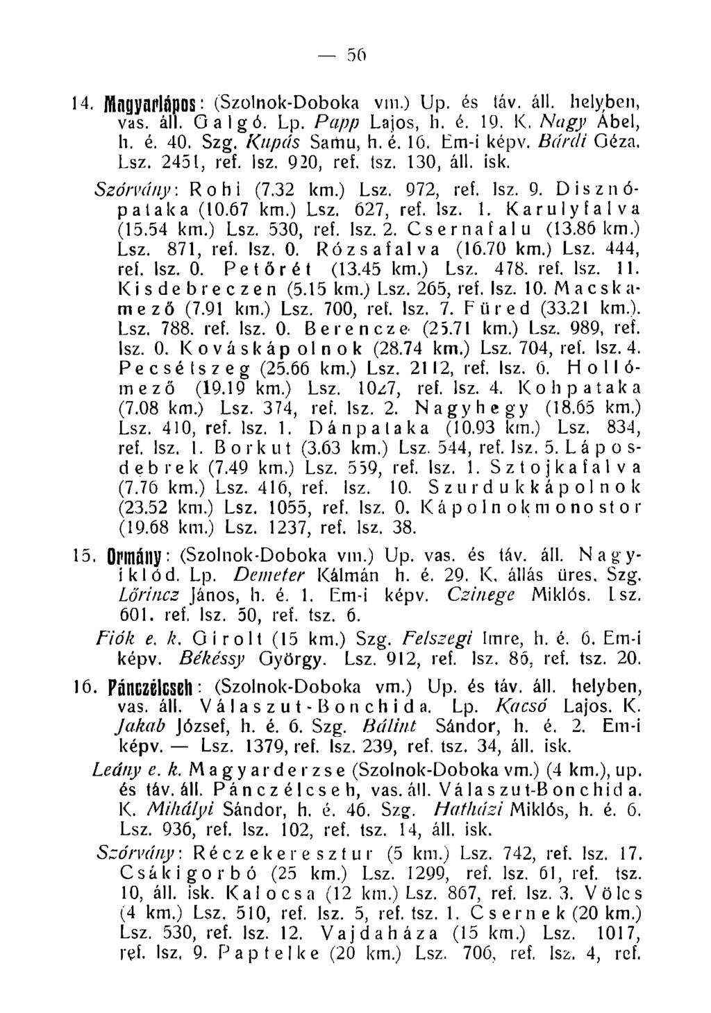 5 ö 14. M agyarlápos: (Szolnok-Doboka vm.) Up. és táv. áll. helyben, vas. áll. G a I g ó. Lp. Papp Lajos, h. é. 19. K. Nagy Ábel, h. é. 40. Szg. Kapás Samu, h. é. 16. Lm-i képv. Bárdi Géza. Lsz.