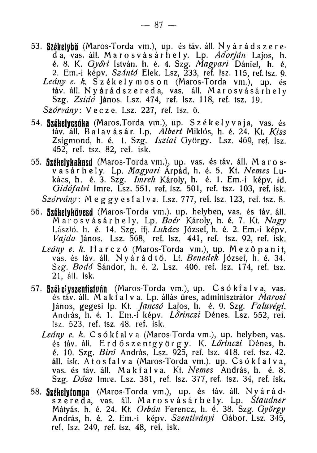 87 53. Székelybe (Maros-Torda vm.), up. és táv. áll. Nyárádszere- d a, vas. áll. Marosvásárhely. Lp. Adorján Lajos, h. é. 8. K. Győri. István, h. é. 4. Szg. Magyart Dániel, h. é. 2. Em.-i képv.