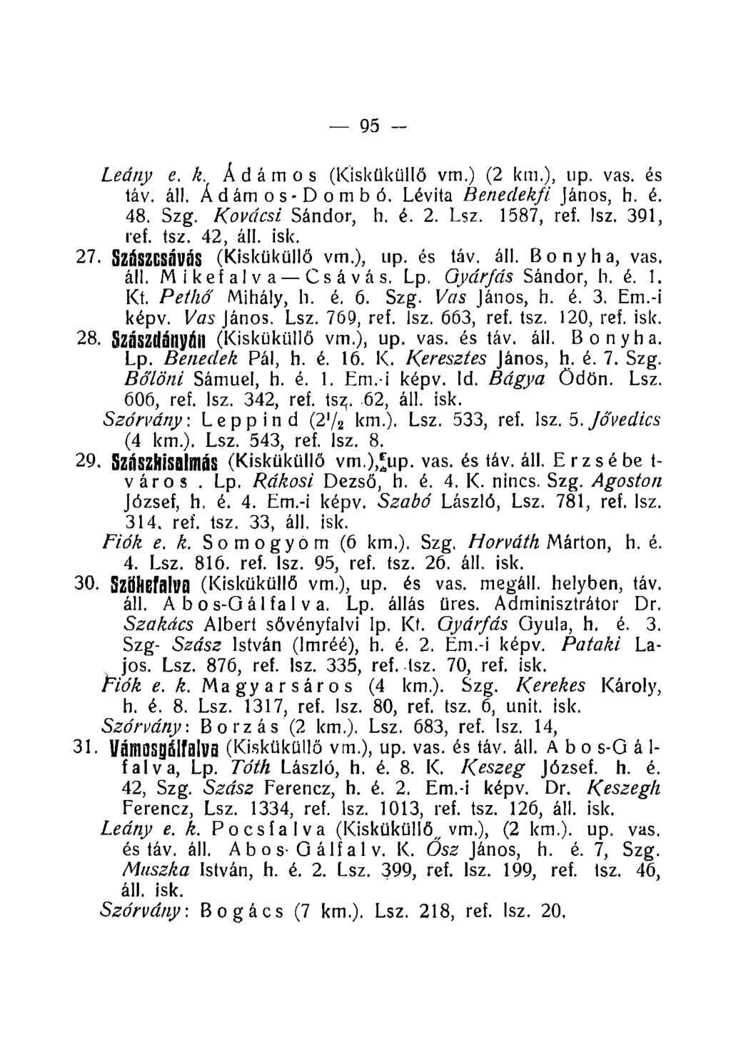 95 - Leány e. k. Ádámos (Kisküküllő vm.) (2 km.), up. vas. és táv. áll. Ádámos-Dombó. Lévita Beneclekfi János, h. é. 48. Szg. Kovácsi Sándor, h. é. 2. Lsz. 1587, ref. Isz. 391, ref. tsz. 42, áll.