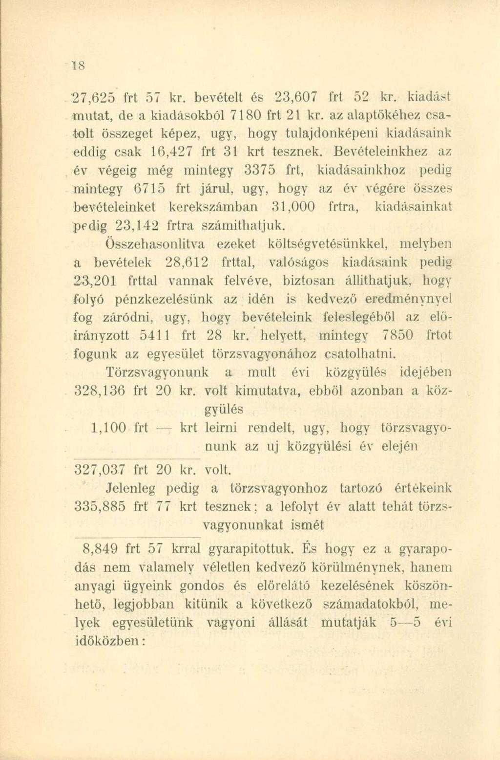 27,625 frt 57 kr. bevételt és 23,607 frt 52 kr. kiadást mutat, de a kiadásokból 7180 frt 21 kr.