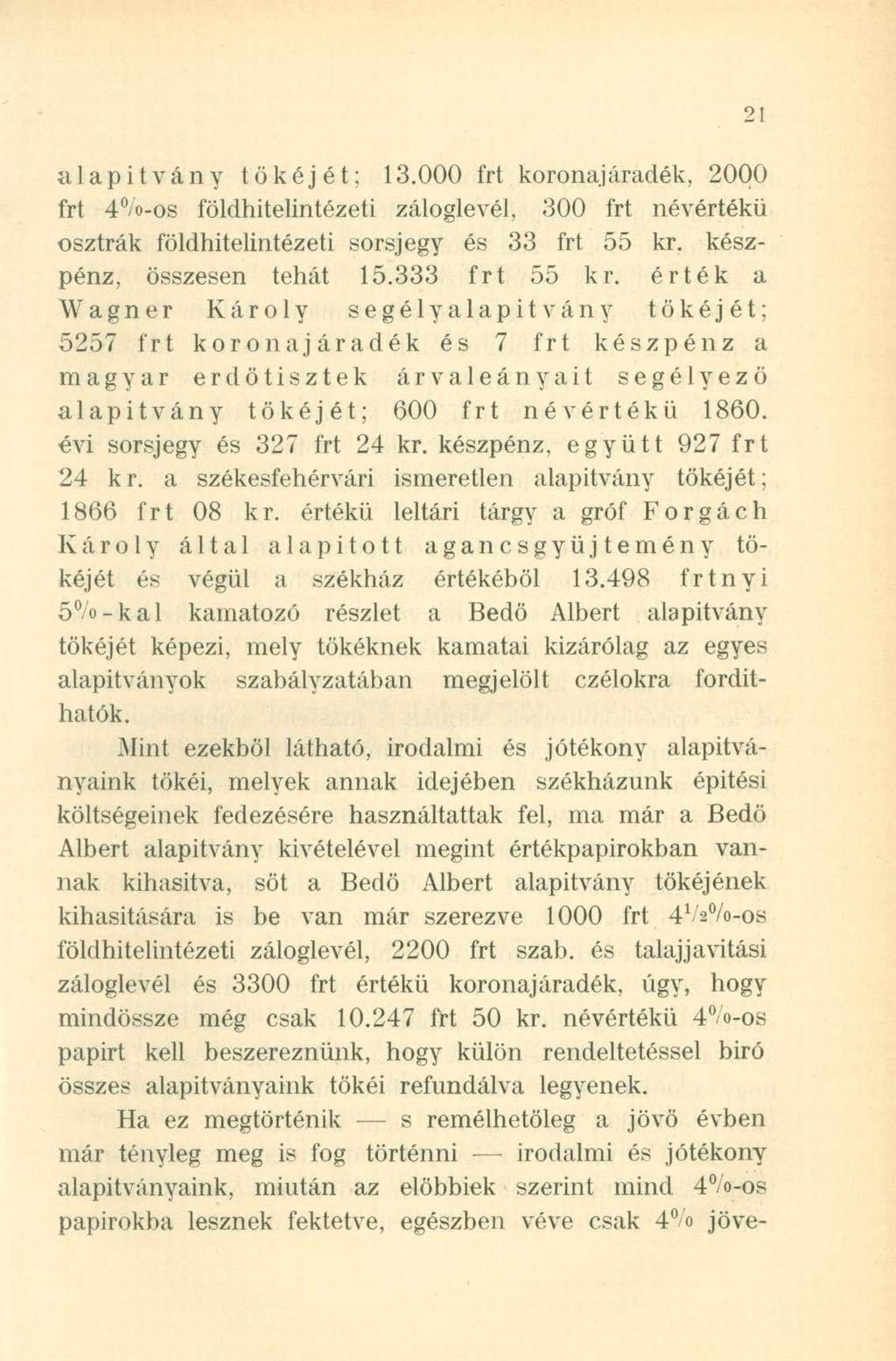 alapítvány tökéjét; 13.000 frt koronajáradék, 2000 frt 4%-os földhitelintézeti záloglevél, 300 frt névértékűosztrák földhitelintézeti sorsjegy és 33 frt 55 kr. készpénz, összesen tehát 15.