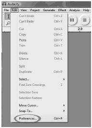Az Audacity konfigurálása a PC-hez 1. Indítsa el az Audacity-t: kattintson a Start Minden program-ra, majd válassza az Audacity-t. 2. Kattintson az Audacity felső menüsorában a Szerkesztés menüpontra.