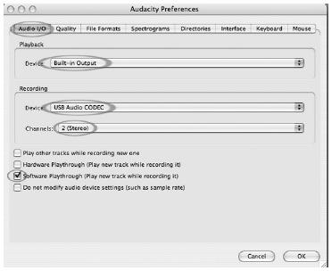 4-es és annál újabb verziójú MAC OS-hez 1. Kattintson a megnyitott Audacity-programban a menüsor Audacity menüpontjára. 2. Itt válassza ki a Beállítások-at 3.