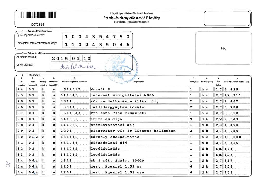 ntegralt gazgatasi es Ellenorzesi Rendszer Szamla- es bizonylatosszesfto B betetlap Benyujland6 a kil61lesi ulmulal6 szerinl l [- j 1- Azonosftasi informaci6 ' Ogyfel-regiszlraci6s szam: 11 0 0 4 3 5