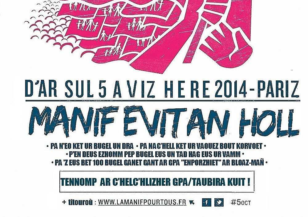 hervel an dud da ziskelañ e Pariz hag e Bourdel d ar Sul 5 a viz Here : Ouzhpenn ar fed m'eo bet mouezhiet al lezenn da zigeriñ an eured keodedel d'ar pared heñvel o rev gant lezenn Taubira, e talc'h