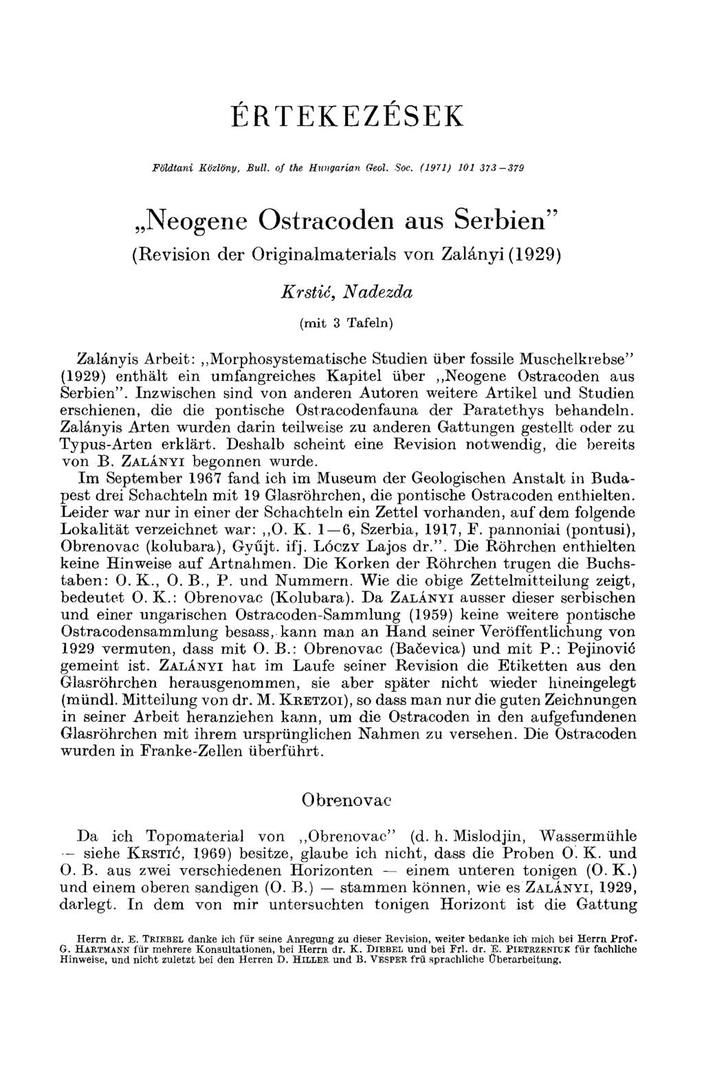 ÉRTEKEZÉSEK Földtani Közlöny, Suli. of the Hungarian Oeol. Soc.