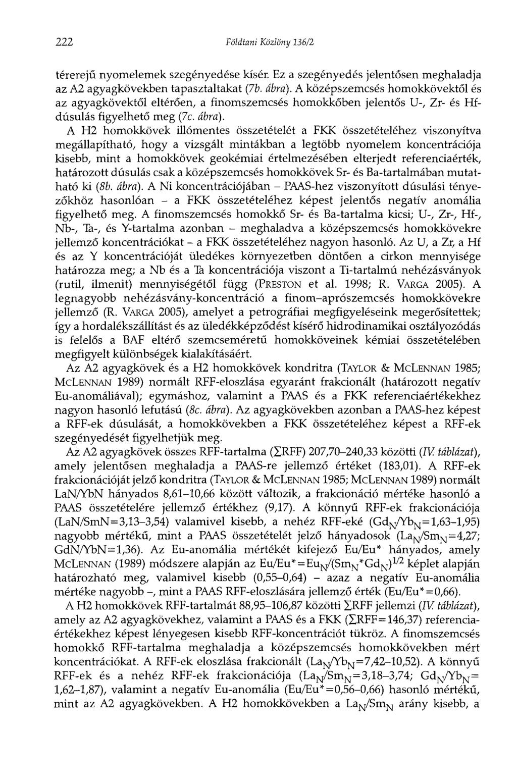 222 Földtani Közlöny 136/2 térerejű nyomelemek szegényedése kísér. Ez a szegényedés jelentősen meghaladja az A2 agyagkövekben tapasztaltakat (7b. ábra).