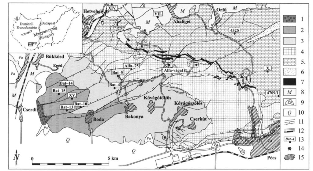 1 Simplified geological map of the Western Mecsek Mountains (SW Hungary) and sample localities using the maps of the site characterization programme of the Boda Formation (in MÁTHÉ 1998).