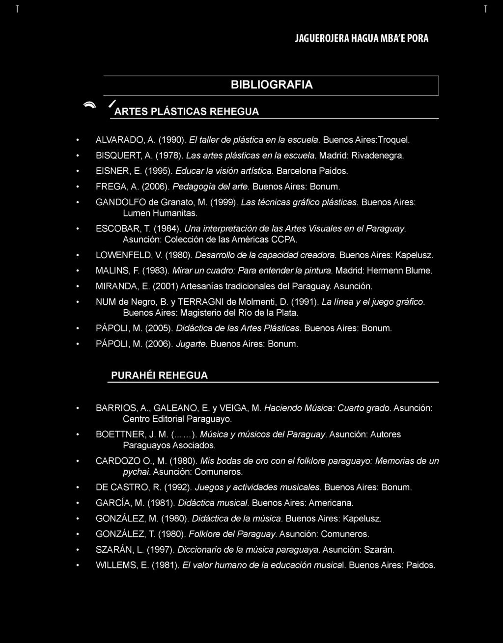 Buenos Aires: Lumen Humanitas. ESCOBAR, (1984). Una interpretación de las Artes Visuales en el Paraguay. Asunción: Colección de las Américas CCPA. LOWENFELD, V. (1980).
