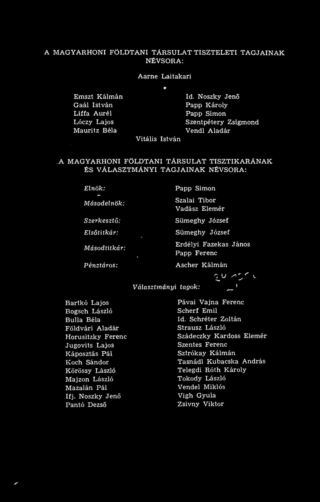 Másodtitkár: Pénztáros: Bartkó Lajos Bogsch László Bulla Béla Földvári Aladár Horusitzky Ferenc Jugovits Lajos Káposztás Pál Koch Sándor Körössy László Majzon László Mazalán Pál Ifj.