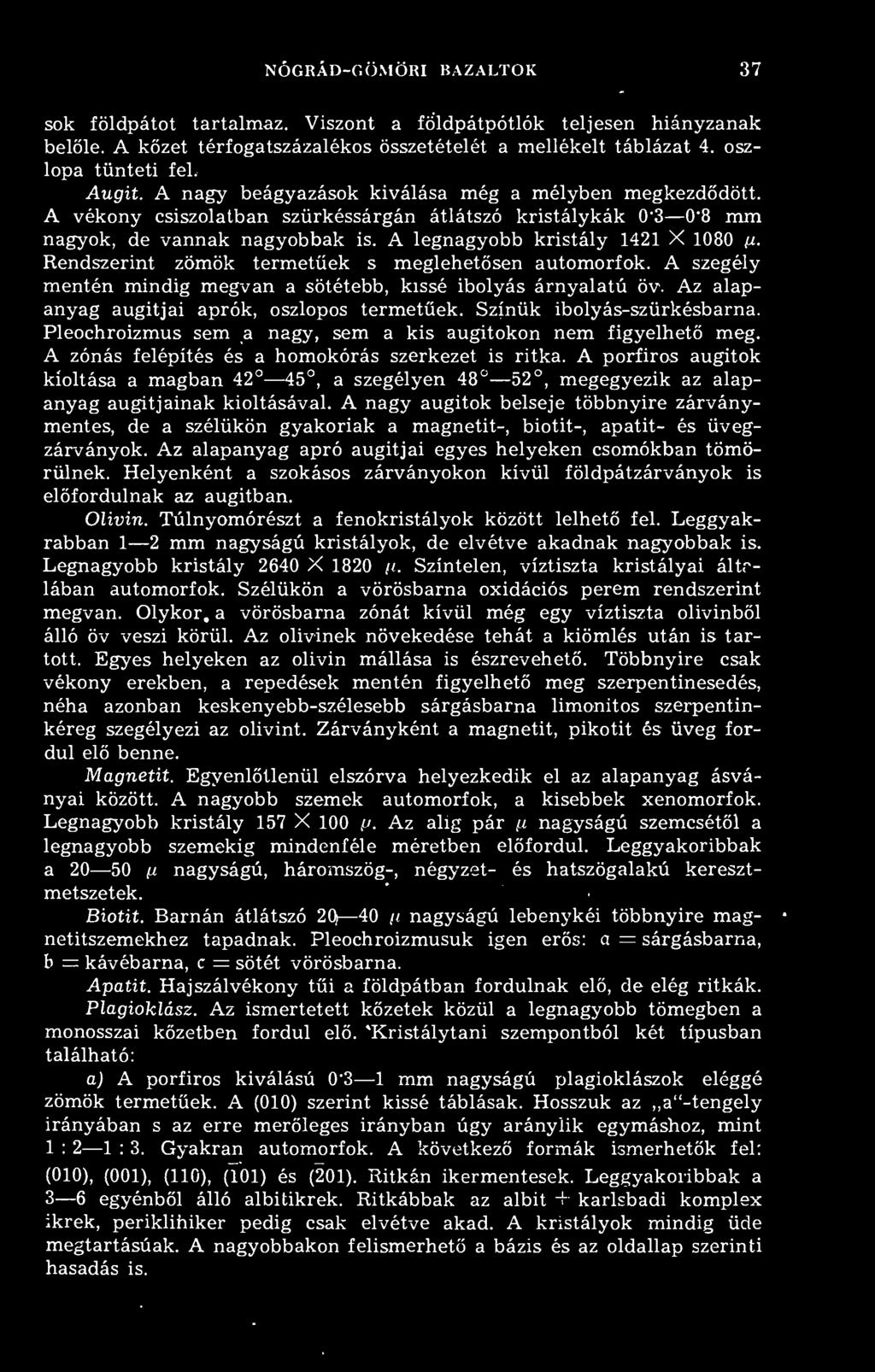 Rendszerint zömök termetüek s meglehetsen automorfok. A szegély mentén mindig megvan a sötétebb, kissé ibolyás árnyalatú öv. Az alapanyag augitjai aprók, oszlopos termetüek.