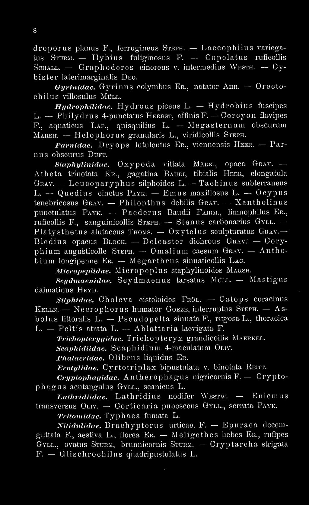 Emiis maxillosus L. Ocypus tenebricosus Grav. Philonthus debilis Grav. Xantholinus pímctulatus Payk. Paederus Baudii Fahím., limnophilus Er., ruficollis F., sauguinicollis Steph.