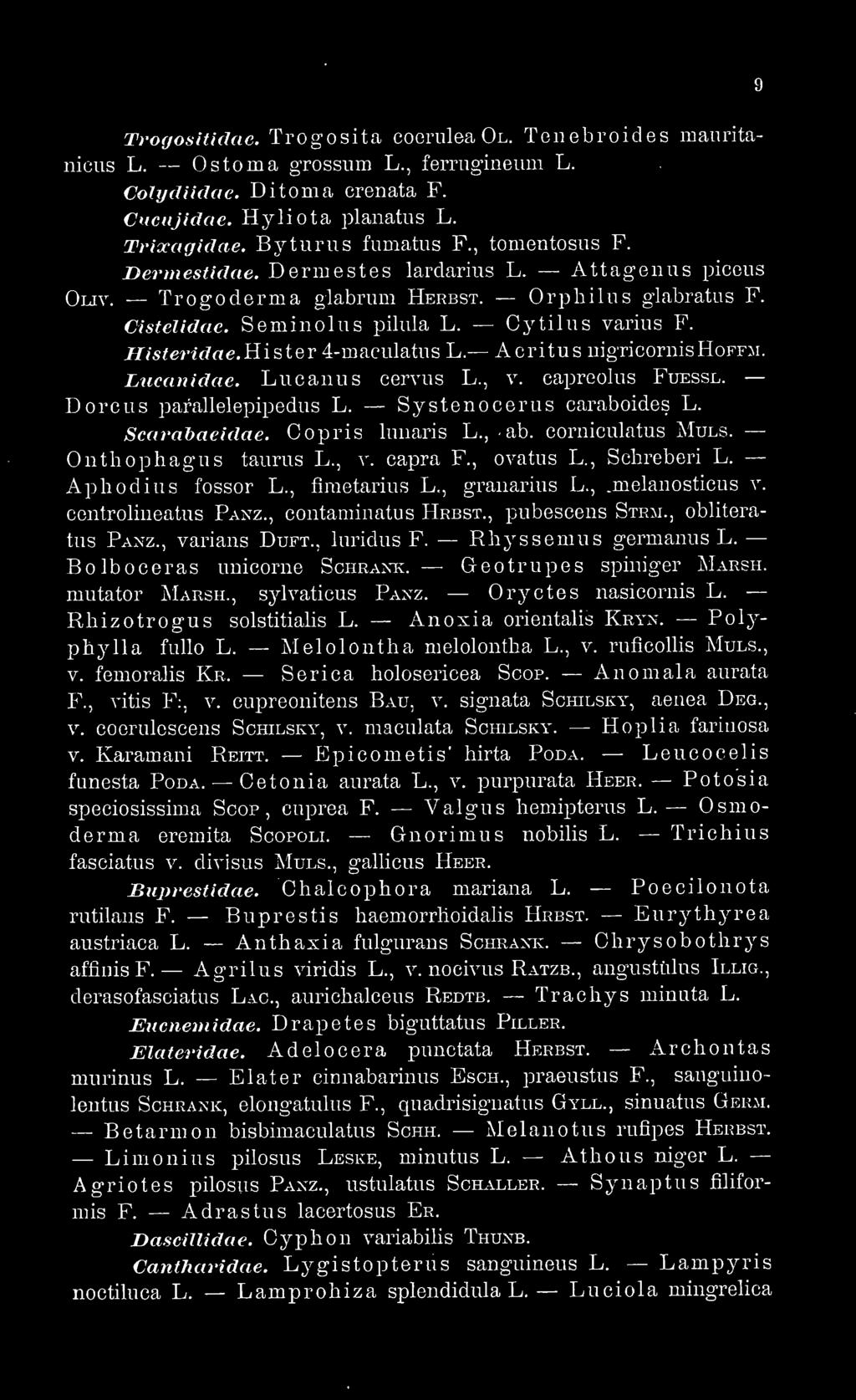 Hister 4-maculatiis L. Acritus iiigricornishoffm. Lucanidae. Lucanus cervus L., v. capreolus Fuessl. Dorcus paíallelepipedus L. Systenocerus caraboides L. Scarahaeidae. Copris liinaris L., ab.