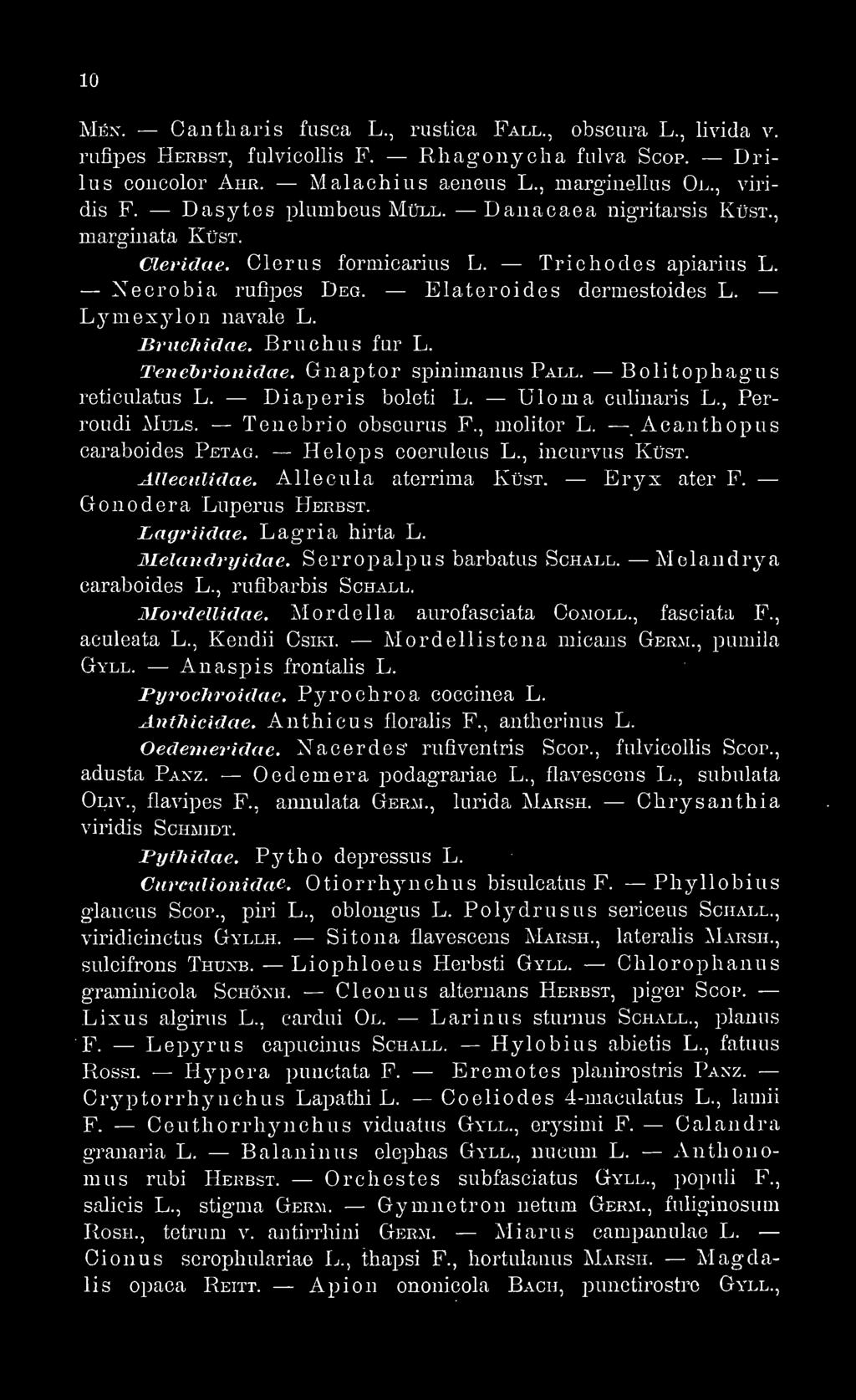 JBrucliidae. Bruchus fur L. Tenehrionidae. G nap tor spinimaiiiis Páll. Bolitopliagus reticulatus L. Diaperis boleti L. Uloma ciümaris L., Perroudi MuLS. Tenobrio obscurus F., molitor L.