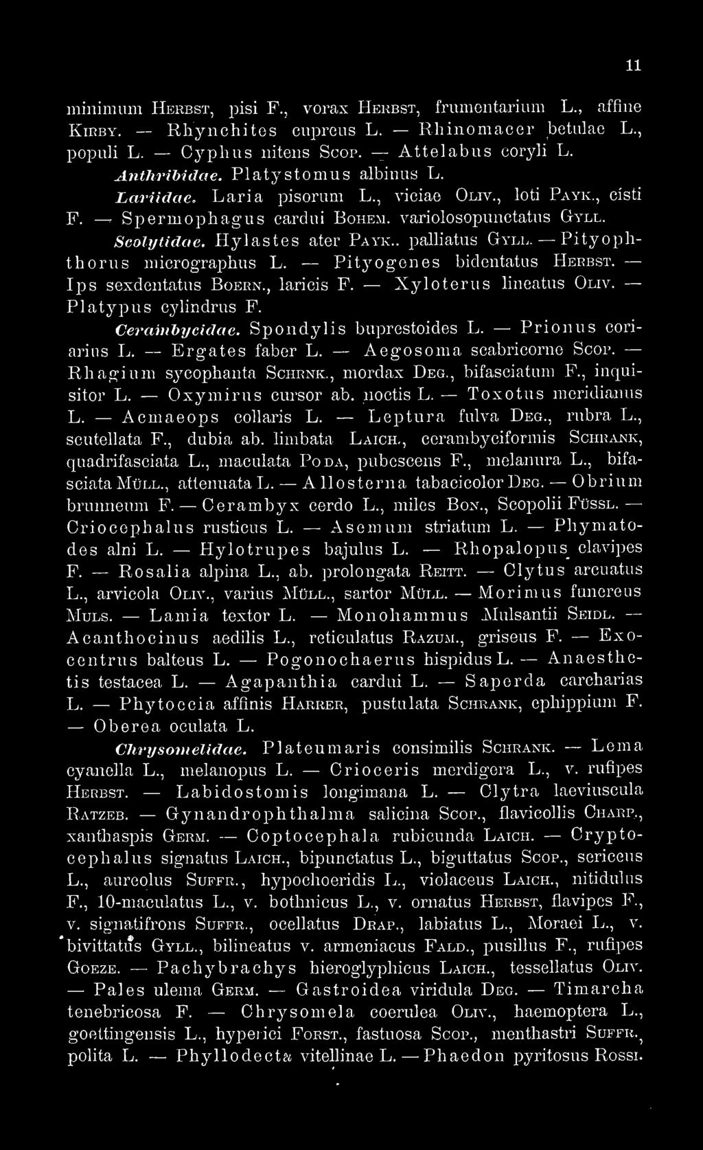 Pityophthorus micrographus L. Pityogenes bidoníatus Herbst. Ips sexdentatns Boern., laricis F. Xyloterus lineatus Oliv. Platypus cylindrus F. Ceramhycidae. Spondylis buprestoides L.