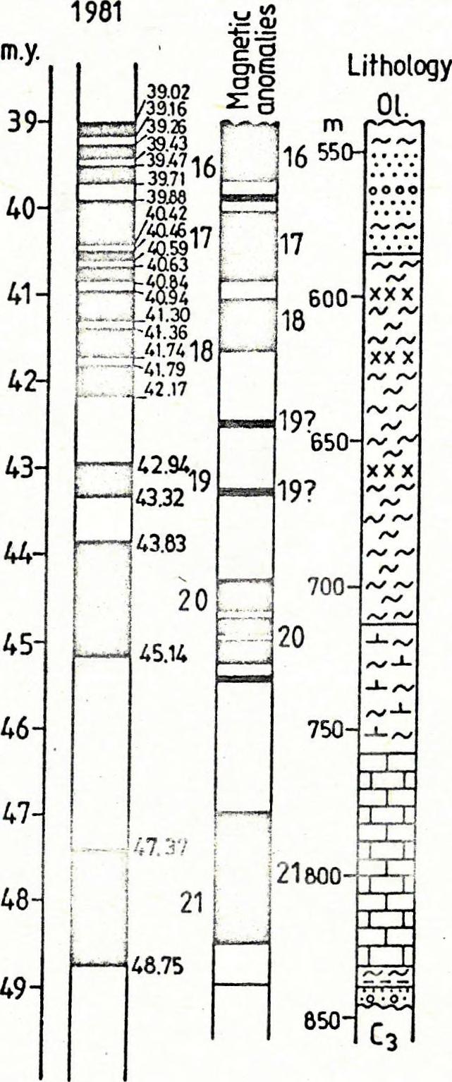 A bakonyi eocén rétegsor felső kétharmada hemipelágikus eredetű. Jelkulcs: l.terrigén parti és partközeli üledékek 2.self mészkő' 3. glaukonitos márga, a külső self és felső lejtő üledéke 4.