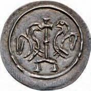 /zwischen zwei Türmen Kreuz, darüber Kreis, darunter gekrönter Kopf von vorne / 0.47 gr., Huszár: 207, UngerII.: 164, CNH.I.:172, lapkarepedés a szélén /Schrötlingsriss am Rand/ RRR!