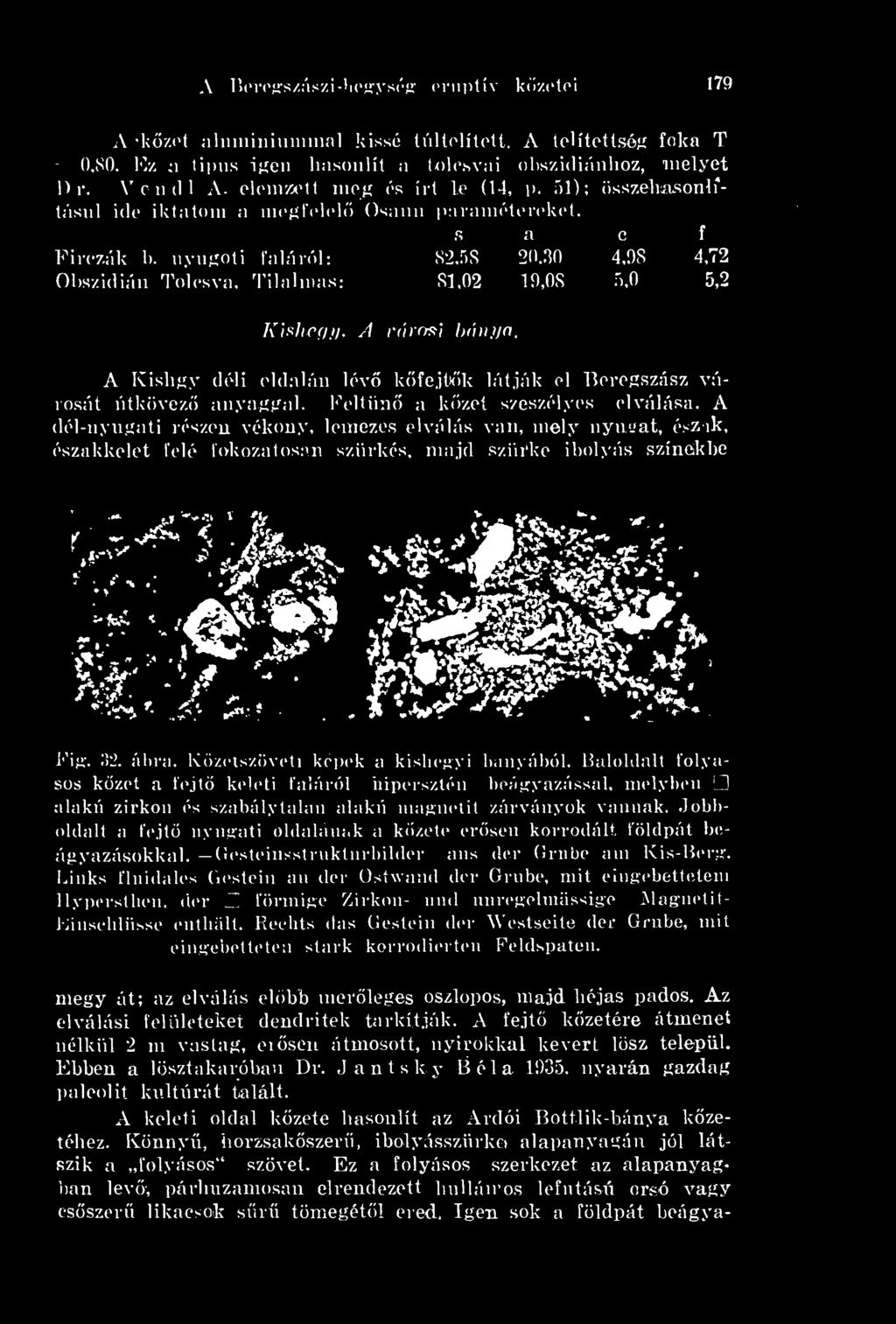 Közetszöveti kepék a kishegyi banyából. Baloldalt folyasos kzet a fejt keleti faláról nipersztén beágyazással, melyben alakú zirkon és szabálytalan alakú magnetit zárványok vannak.